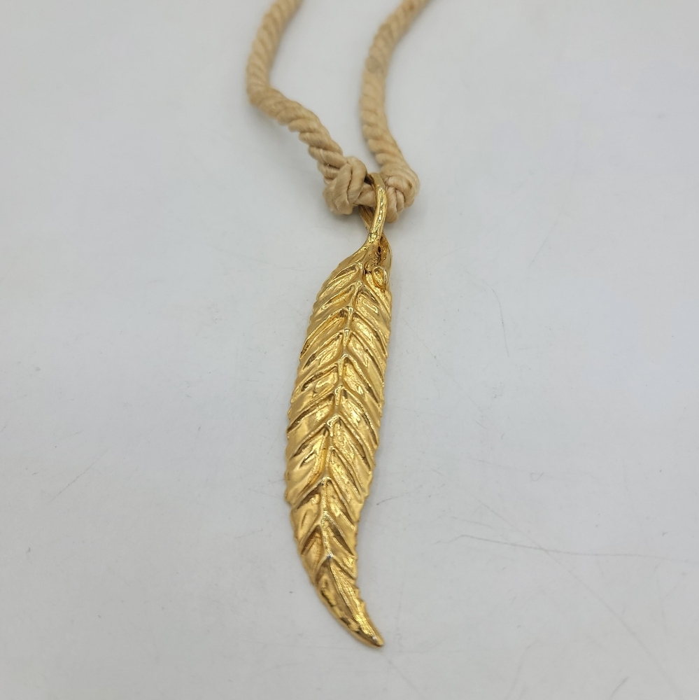 Kim Craftsmen USA Gold-Tone Leaf Pendant Necklace on Cream Rope Cord, Vintage